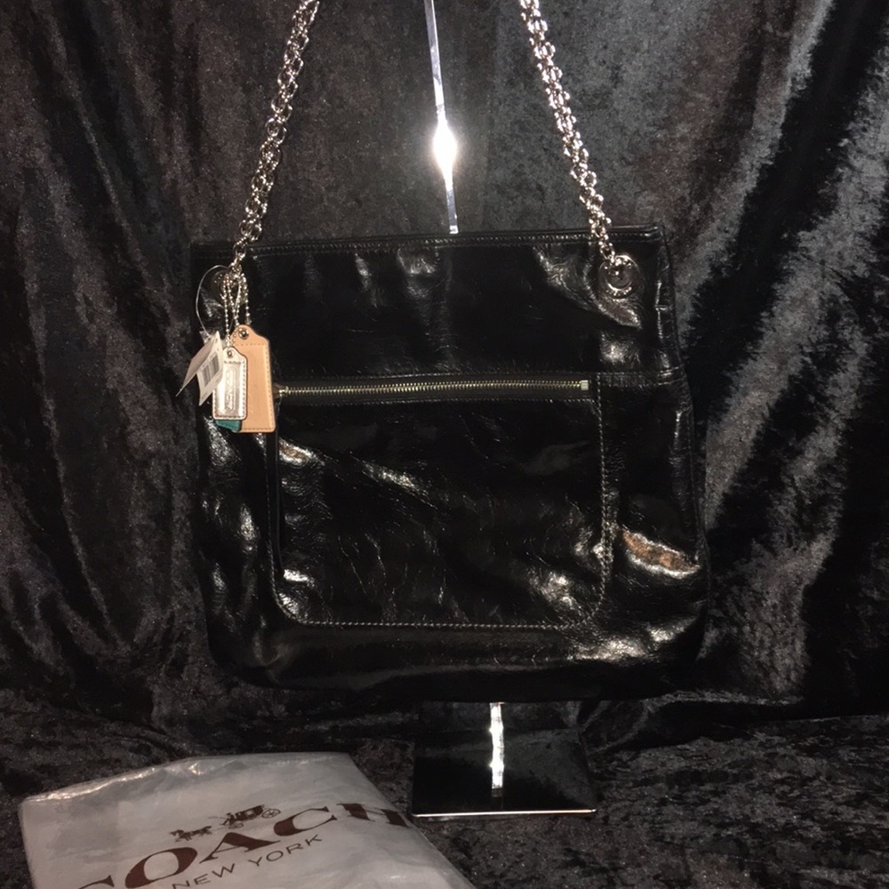 🎉HOST PICK🎉 NWT Coach Poppy Leather Slim Tote Blk Crackled Leather - Picture 4 of 17